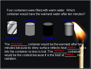 Four containers were filled with warm water. Which container would have the warmest water after ten minutes?