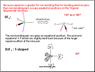 Because repulsion is greater for non-bonding than for bonding electron pairs, then non-bonding pairs occupy equatorial positions on the Trigonal Bipyramidal structure