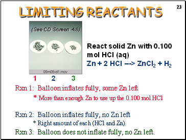 Rxn 1: Balloon inflates fully, some Zn left