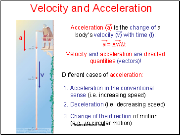 Velocity and Acceleration Acceleration (a) is the change of a bodys velocity (v) with time (t):