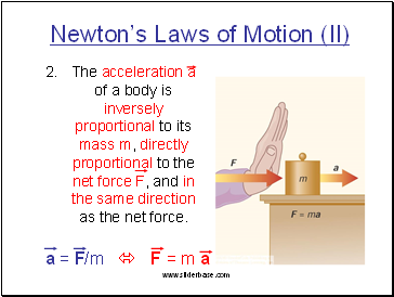 Newtons Laws of Motion (II) The acceleration aof a body is inversely proportional to its mass m, directly proportional to the net force F, and in the same direction as the net force.