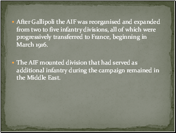 After Gallipoli the AIF was reorganised and expanded from two to five infantry divisions, all of which were progressively transferred to France, beginning in March 1916.
