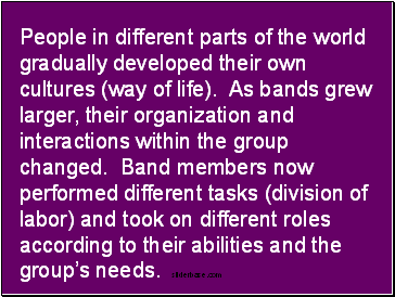 People in different parts of the world gradually developed their own cultures (way of life). As bands grew larger, their organization and interactions within the group changed. Band members now performed different tasks (division of labor) and took on different roles according to their abilities and the groups needs.