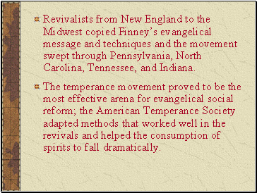 Revivalists from New England to the Midwest copied Finneys evangelical message and techniques and the movement swept through Pennsylvania, North Carolina, Tennessee, and Indiana.