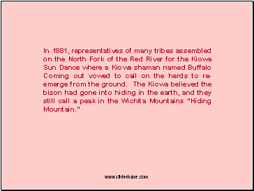 In 1881, representatives of many tribes assembled on the North Fork of the Red River for the Kiowa Sun Dance where a Kiowa shaman named Buffalo Coming out vowed to call on the herds to re-emerge from the ground. The Kiowa believed the bison had gone into hiding in the earth, and they still call a peak in the Wichita Mountains "Hiding Mountain."