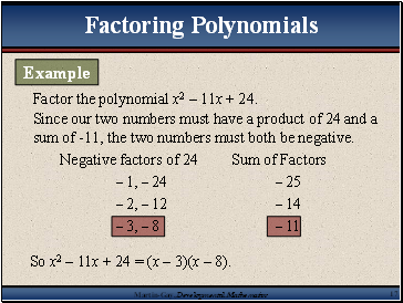 Factor the polynomial x2  11x + 24.