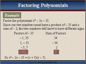 Factor the polynomial x2  2x  35.