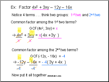 Ex: Factor 4x2 + 3xy  12y  16x