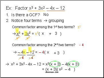 Ex: Factor x3 + 3x2  4x  12