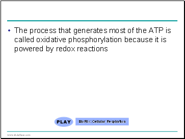 The process that generates most of the ATP is called oxidative phosphorylation because it is powered by redox reactions