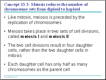 Concept 13.3: Meiosis reduces the number of chromosome sets from diploid to haploid