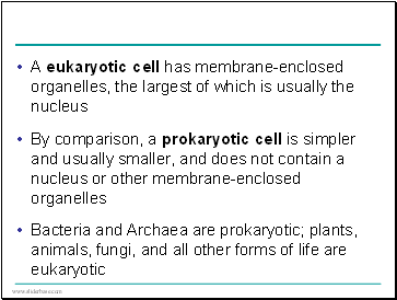 A eukaryotic cell has membrane-enclosed organelles, the largest of which is usually the nucleus