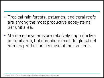 Tropical rain forests, estuaries, and coral reefs are among the most productive ecosystems per unit area.