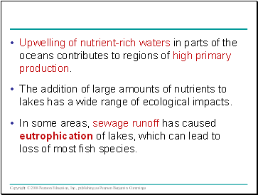 Upwelling of nutrient-rich waters in parts of the oceans contributes to regions of high primary production.