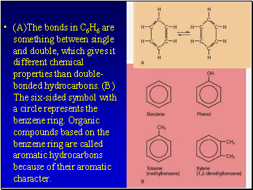 (A)The bonds in C6H6 are something between single and double, which gives it different chemical properties than double-bonded hydrocarbons. (B) The six-sided symbol with a circle represents the benzene ring. Organic compounds based on the benzene ring are called aromatic hydrocarbons because of their aromatic character.