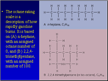 The octane rating scale is a description of how rapidly gasoline burns. It is based on (A) n-heptane, with an assigned octane number of 0, and (B) 2,2,4-trimethylpentane, with an assigned number of 100.