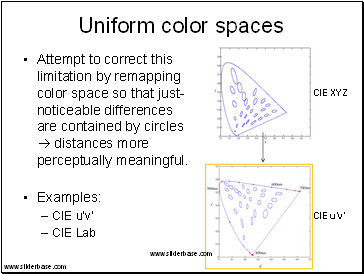 Attempt to correct this limitation by remapping color space so that just-noticeable differences are contained by circles  distances more perceptually meaningful.