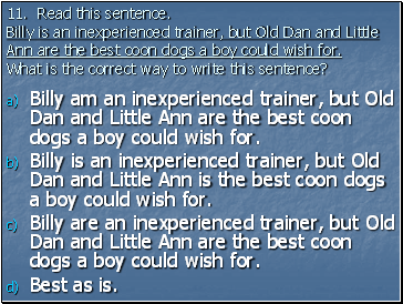 11. Read this sentence. Billy is an inexperienced trainer, but Old Dan and Little Ann are the best coon dogs a boy could wish for. What is the correct way to write this sentence?