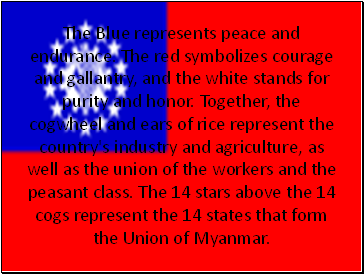 The Blue represents peace and endurance. The red symbolizes courage and gallantry, and the white stands for purity and honor. Together, the cogwheel and ears of rice represent the country's industry and agriculture, as well as the union of the workers and the peasant class. The 14 stars above the 14 cogs represent the 14 states that form the Union of Myanmar.