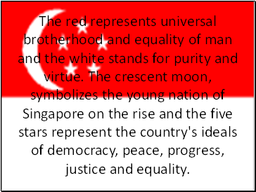 The red represents universal brotherhood and equality of man and the white stands for purity and virtue. The crescent moon, symbolizes the young nation of Singapore on the rise and the five stars represent the country's ideals of democracy, peace, progress, justice and equality.