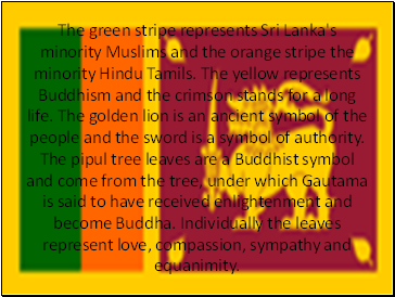 The green stripe represents Sri Lanka's minority Muslims and the orange stripe the minority Hindu Tamils. The yellow represents Buddhism and the crimson stands for a long life. The golden lion is an ancient symbol of the people and the sword is a symbol of authority. The pipul tree leaves are a Buddhist symbol and come from the tree, under which Gautama is said to have received enlightenment and become Buddha. Individually the leaves represent love, compassion, sympathy and equanimity.