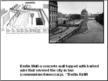 Berlin Wall-a concrete wall topped with barbed wire that severed the city in two (communism/democracy). **Berlin Airlift