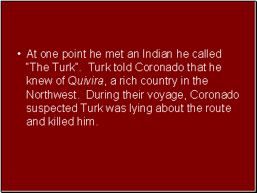 At one point he met an Indian he called The Turk. Turk told Coronado that he knew of Quivira, a rich country in the Northwest. During their voyage, Coronado suspected Turk was lying about the route and killed him.
