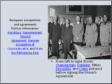 European occupations and agreements Further information: Anschluss, Appeasement, Munich Agreement, German occupation of Czechoslovakia, and Molotov-Ribbentrop Pact