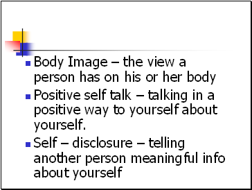 Body Image  the view a person has on his or her body