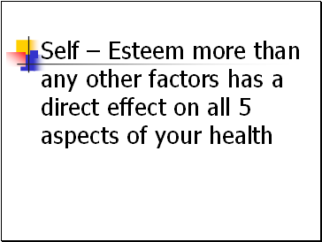 Self  Esteem more than any other factors has a direct effect on all 5 aspects of your health