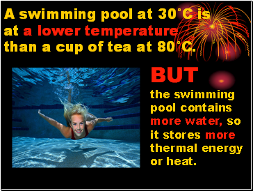 A swimming pool at 30C is at a lower temperature than a cup of tea at 80C.