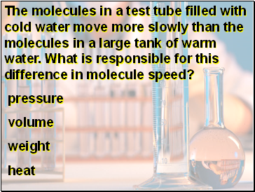The molecules in a test tube filled with cold water move more slowly than the molecules in a large tank of warm water. What is responsible for this difference in molecule speed?