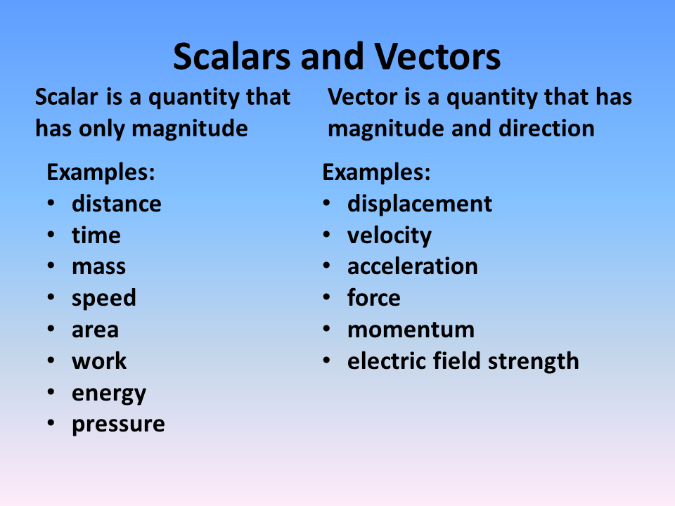 What are examples of scalars and vectors?