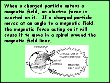 When a charged particle enters a magnetic field, an electric force is exerted on it. If a charged particle moves at an angle to a magnetic field, the magnetic force acting on it will cause it to move in a spiral around the magnetic field lines.