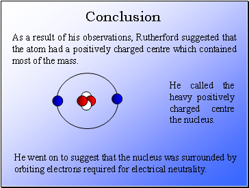 As a result of his observations, Rutherford suggested that the atom had a positively charged centre which contained most of the mass.