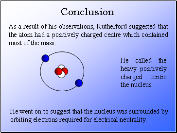 As a result of his observations, Rutherford suggested that the atom had a positively charged centre which contained most of the mass.
