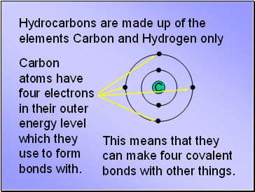 Hydrocarbons are made up of the elements Carbon and Hydrogen only