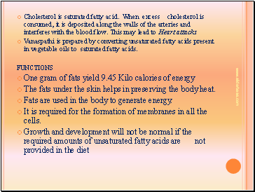 Cholesterol is saturated fatty acid. When excess cholesterol is consumed, it is deposited along the walls of the arteries and interferes with the blood flow. This may lead to Heart attacks