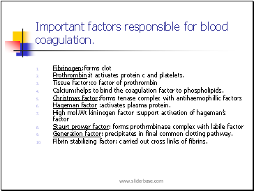 Important factors responsible for blood coagulation.