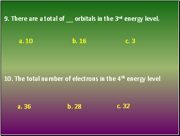 9. There are a total of orbitals in the 3rd energy level.