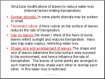Structural modifications of leaves to reduce water loss (Internal factors limiting transpiration)