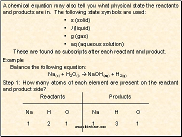 A chemical equation may also tell you what physical state the reactants and products are in. The following state symbols are used: