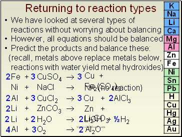 Returning to reaction types