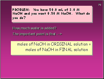 PROBLEM: You have 50.0 mL of 3.0 M NaOH and you want 0.50 M NaOH. What do you do?