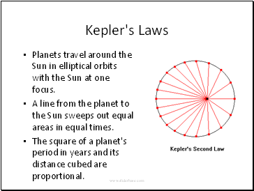 Kepler's Laws Planets travel around the Sun in elliptical orbits with the Sun at one focus.