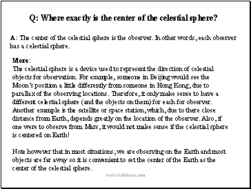 Q: Where exactly is the center of the celestial sphere?