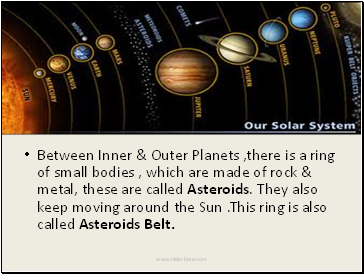 Between Inner & Outer Planets ,there is a ring of small bodies , which are made of rock & metal, these are called Asteroids. They also keep moving around the Sun .This ring is also called Asteroids Belt.