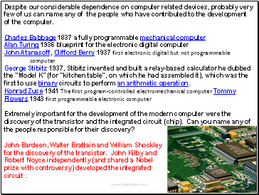 Despite our considerable dependence on computer related devices, probably very few of us can name any of the people who have contributed to the development of the computer.