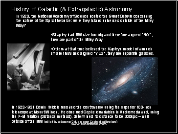 In 1920, the National Academy of Science hosted the Great Debate concerning the nature of the Spiral Nebulae: were they island universes outside of the Milky Way?