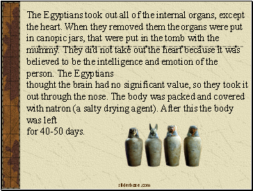 The Egyptians took out all of the internal organs, except the heart. When they removed them the organs were put in canopic jars, that were put in the tomb with the mummy. They did not take out the heart because it was believed to be the intelligence and emotion of the person. The Egyptians thought the brain had no significant value, so they took it out through the nose. The body was packed and covered with natron (a salty drying agent). After this the body was left for 40-50 days.
